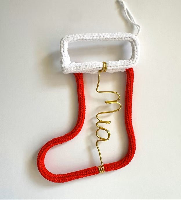 Stocking with gold wire and red and white yarn