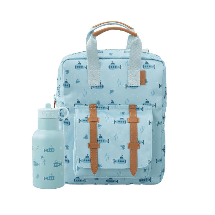 Light blue backpack with brown straps and a matching water bottle with submarine print
