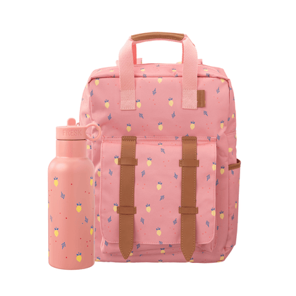 Pink backpack with fruit pattern and a matching 500ml water bottle