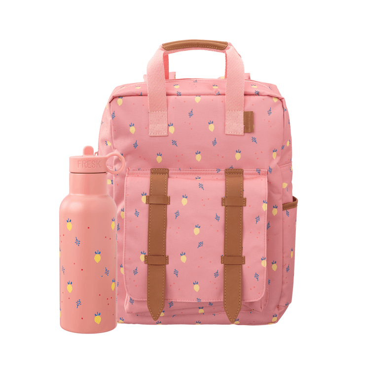 Pink backpack with fruit pattern and a matching 500ml water bottle