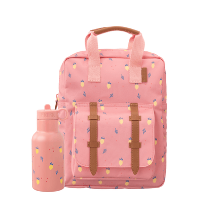 Pink backpack with fruit pattern and matching 350ml water bottle
