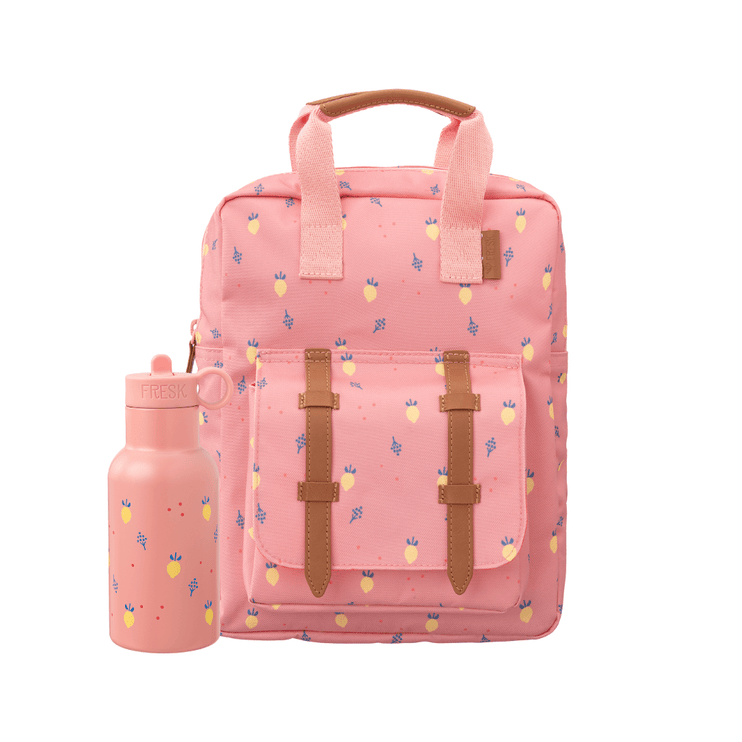 Pink backpack with fruit pattern and matching 350ml water bottle