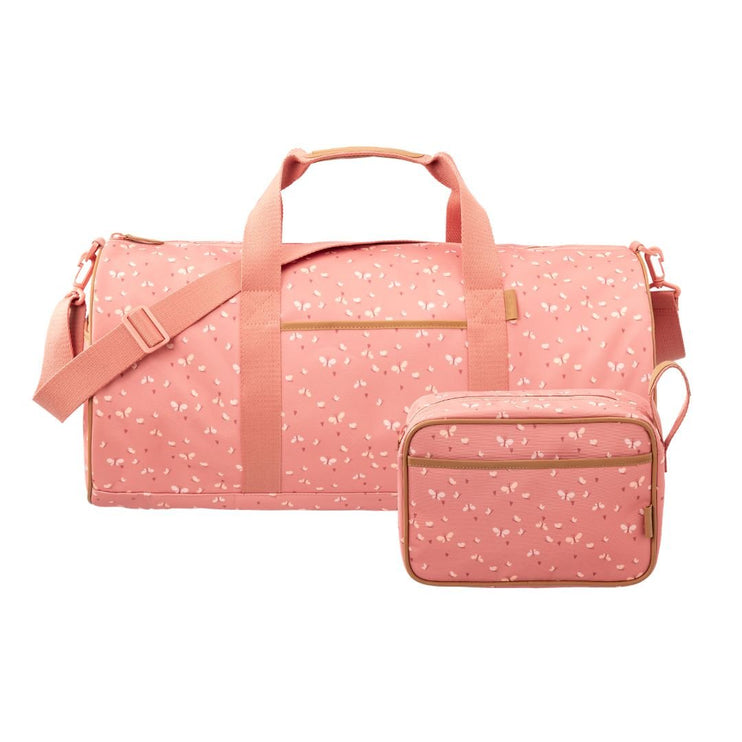 a pink duffel bag and toiletry bag with matching butterfly print