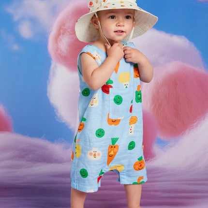 baby wearing overall with cute veggie print