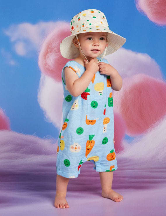 baby wearing overall with cute veggie print
