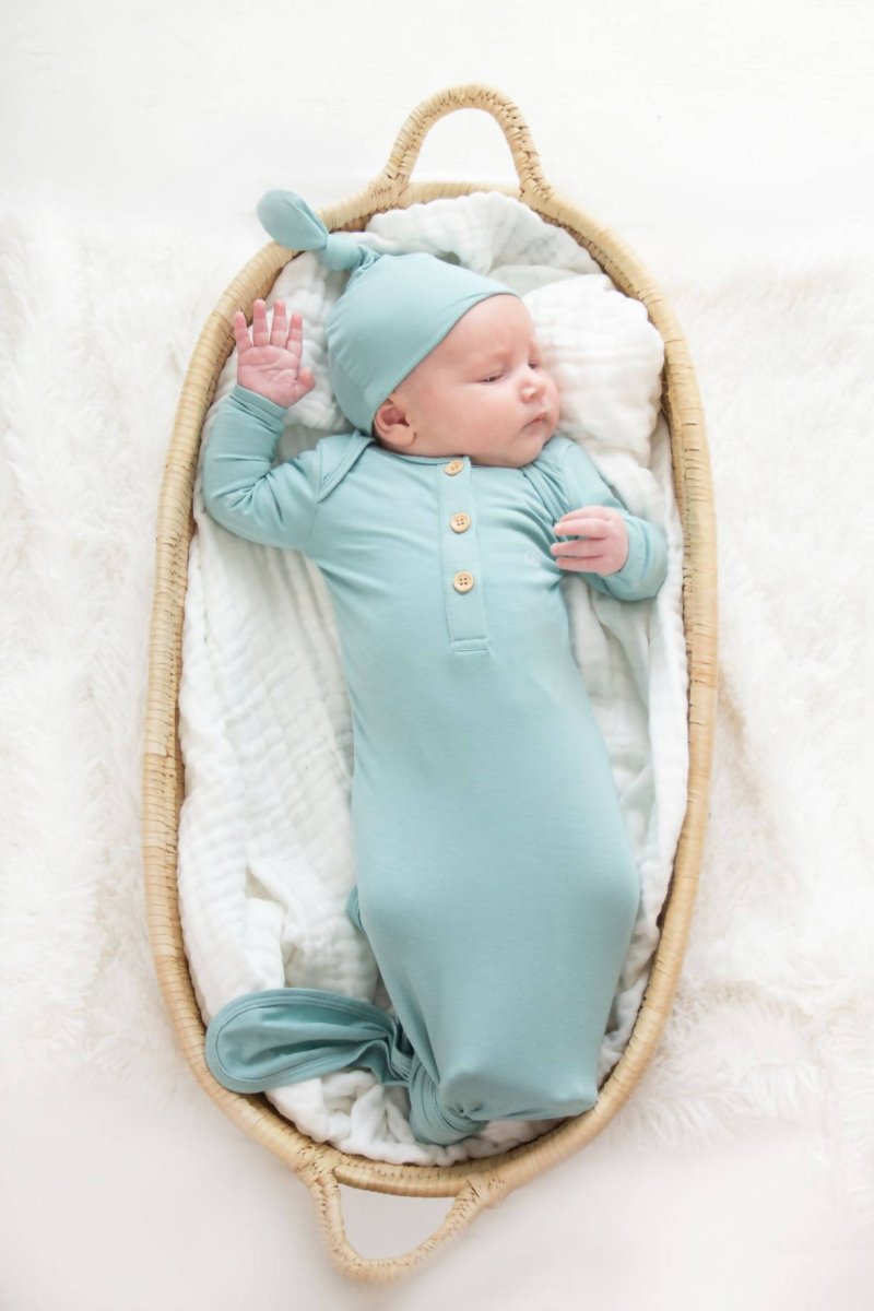 Organic Bamboo Knotted Gown & Beanie Set - soft sage