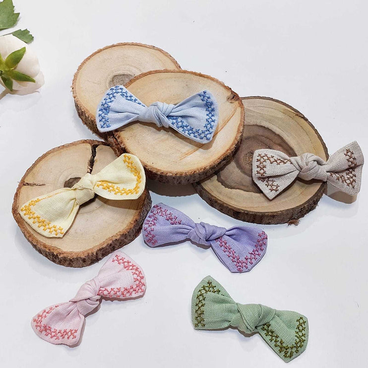 Linen Embroidered Bow - Baby Blue