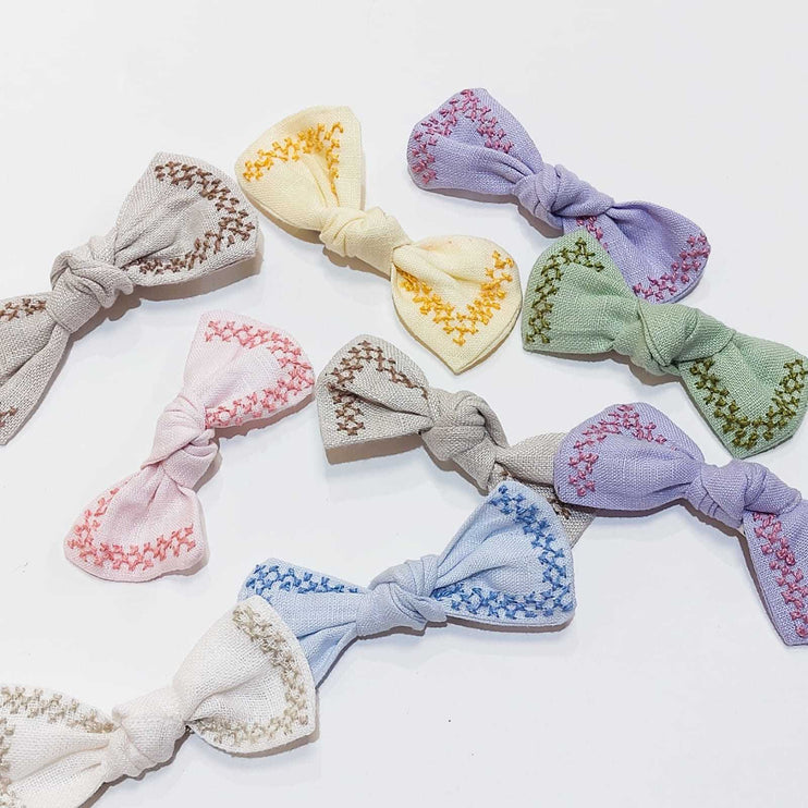 Linen Embroidered Bow Clip- Pastel Yellow