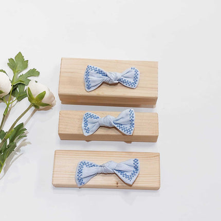 Linen Embroidered Bow - Baby Blue