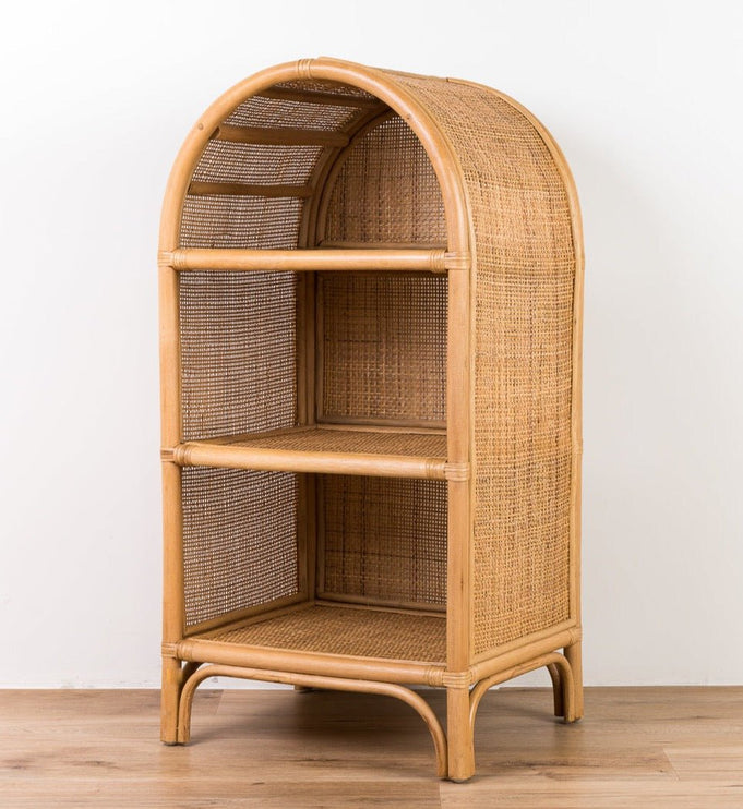 open rattan cabinet with shelves 