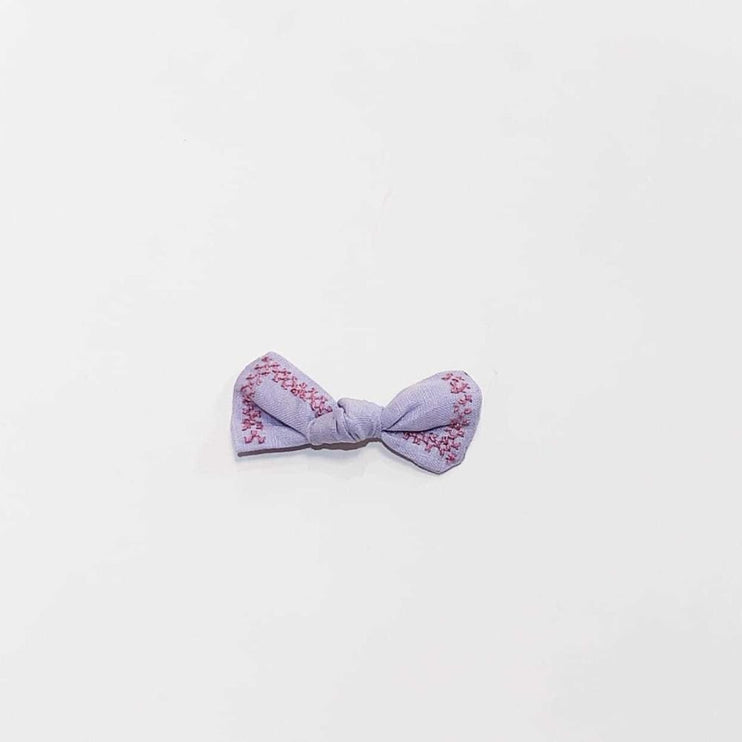 Linen Embroidered Bow Clip - Lilac