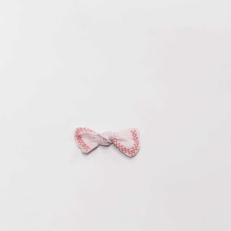 Linen Embroidered Bow Clip - Soft Pink