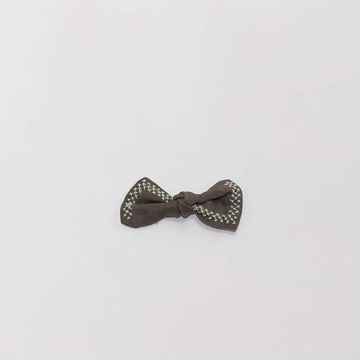 Linen Embroidered Bow Clip - Olive Green