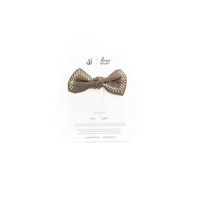 Linen Embroidered Bow Clip - Olive Green